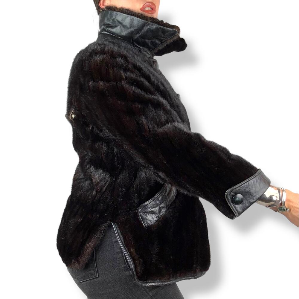 1960's PIERRE CARDIN rare genuine mink fur black leather mod coat BOUTIQUE FURS